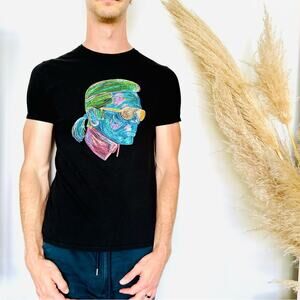 MENS KARL LAGERFIELD Black Neon Rainbow Bust Line Illustrated Tee Shirt Top S